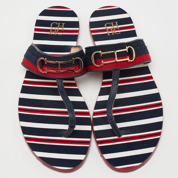 CH Carolina Herrera Multicolor Canvas and Leather Thong Flats Size 38 - Picture 3 of 4